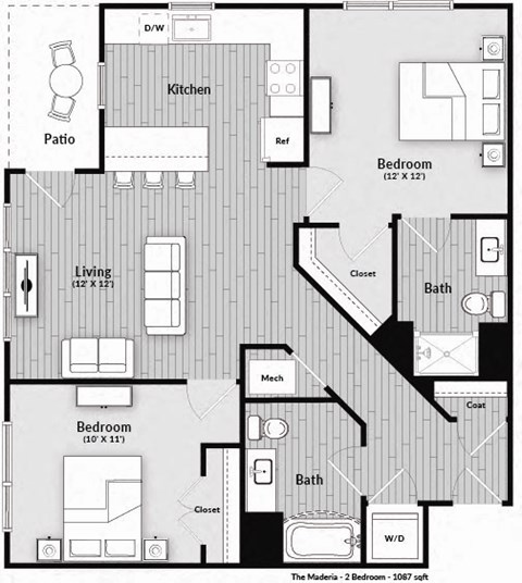 Floor plan for 2 beds, 2 baths, 1087 sqft